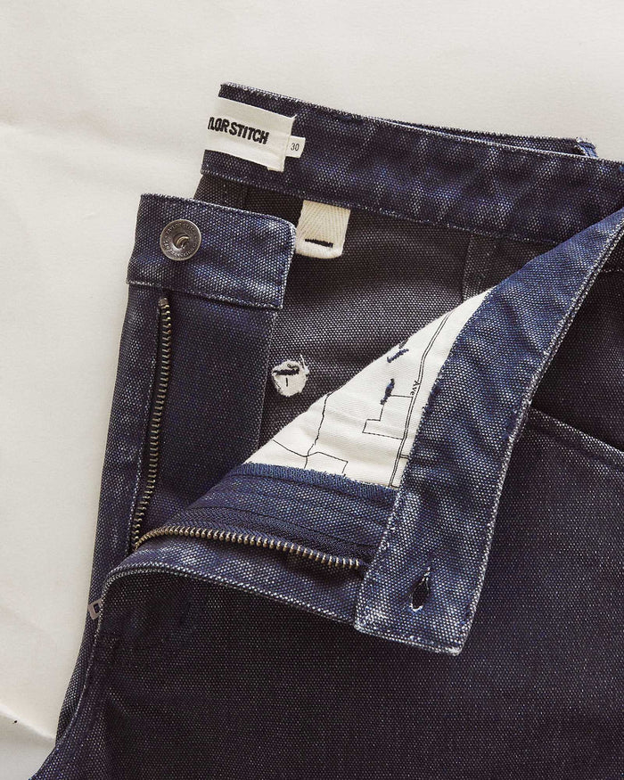 material shot of the zipper on The Camp Short in Navy Chipped Canvas