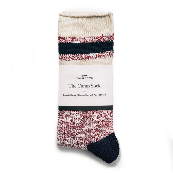 editorial image of the packaging on The Camp Sock in Heather Burgundy