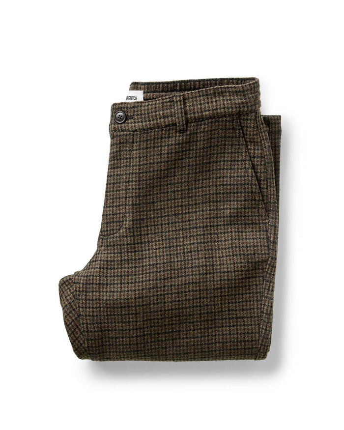folded flatlay of The Carmel Pant in Timber Guncheck Italian Wool