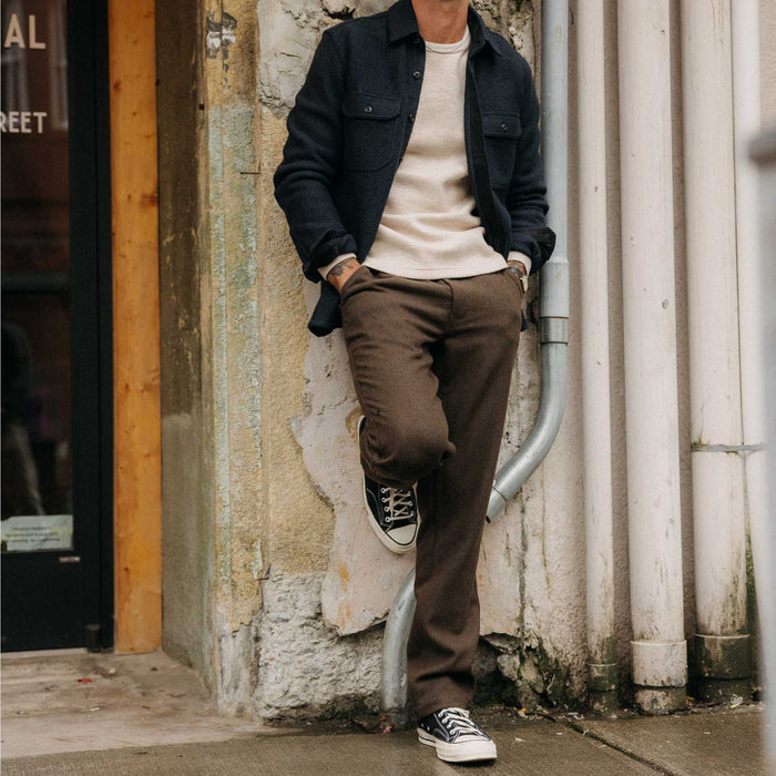 fit model showing off The Carnegie Pant in Army Herringbone Wool