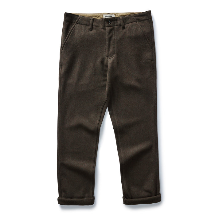 flatlay of The Carnegie Pant in Army Herringbone Wool