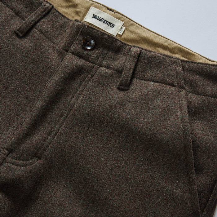 material shot of the waistband on The Carnegie Pant in Army Herringbone Wool