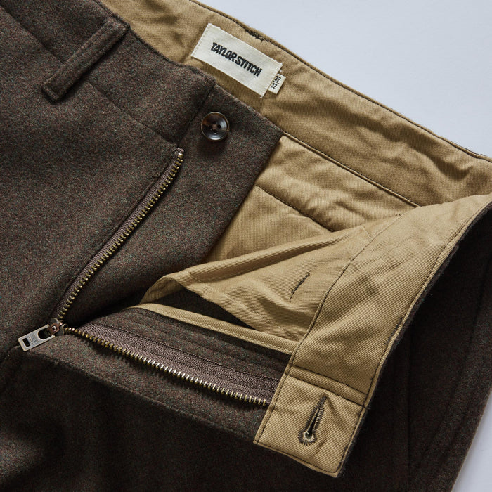 material shot of the zipper fly on The Carnegie Pant in Army Herringbone Wool