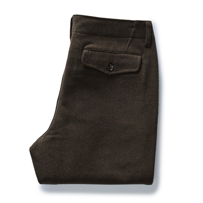 folded flatlay of the back of The Carnegie Pant in Army Herringbone Wool
