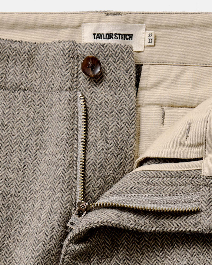 material shot of the zipper fly on The Carnegie Pant in Gravel Herringbone Wool