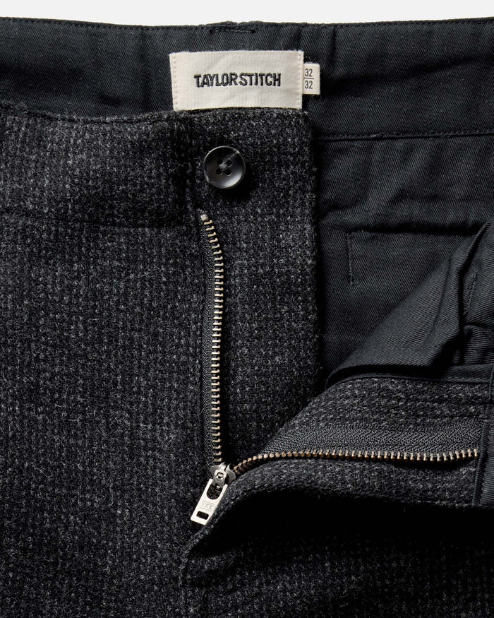material shot of the waistband on The Carnegie Pant in Heather Charcoal Wool