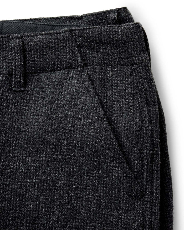 material shot of the zipper fly on The Carnegie Pant in Heather Charcoal Wool