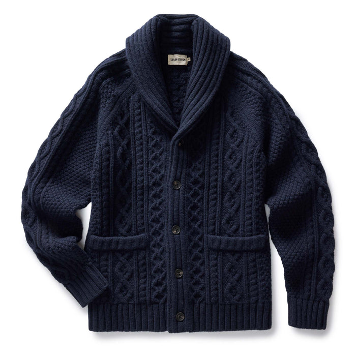flatlay of The Cascade Shawl Cardigan in Heather Marine