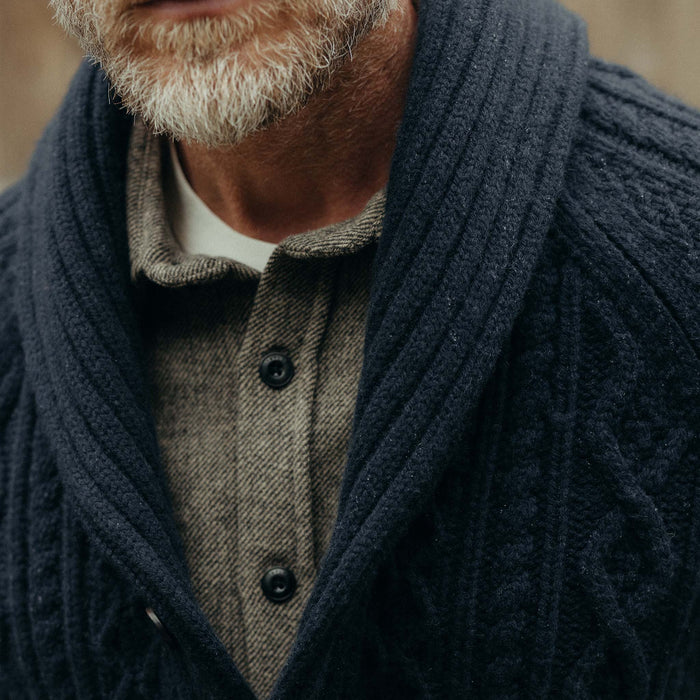 fit model showing off collar on The Cascade Shawl Cardigan in Heather Marine