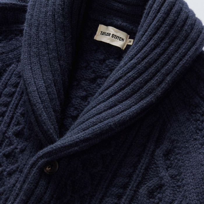 material shot of the collar on The Cascade Shawl Cardigan in Heather Marine