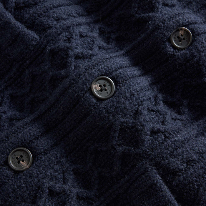material shot of the buttons on The Cascade Shawl Cardigan in Heather Marine