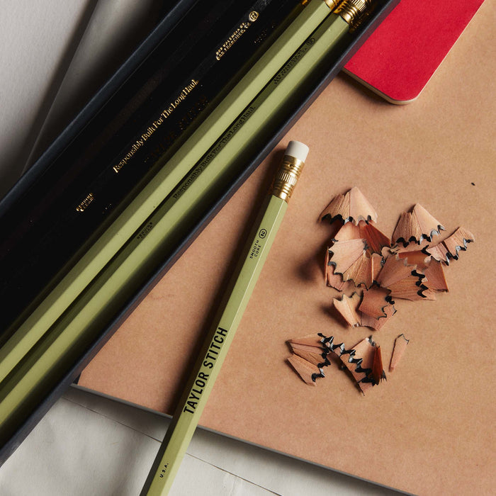 editorial image of The Cedar Hex Pencil (12-Pack) next to pencil shavings