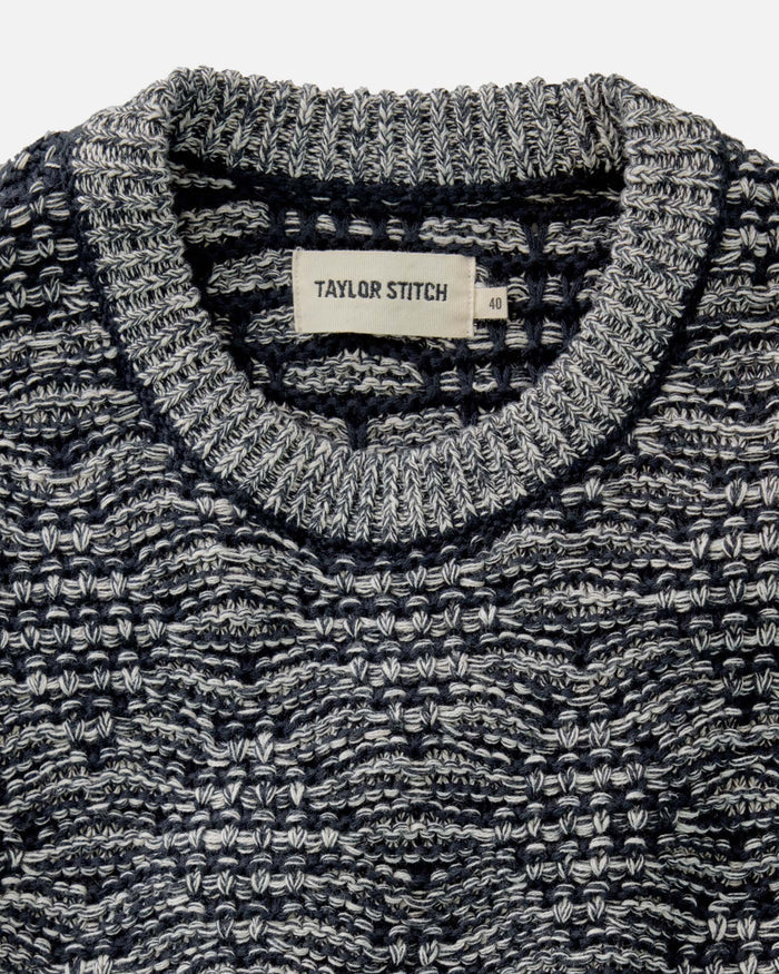 material shot of the collar on The Chatham Crew in Marine Stripe Jacquard