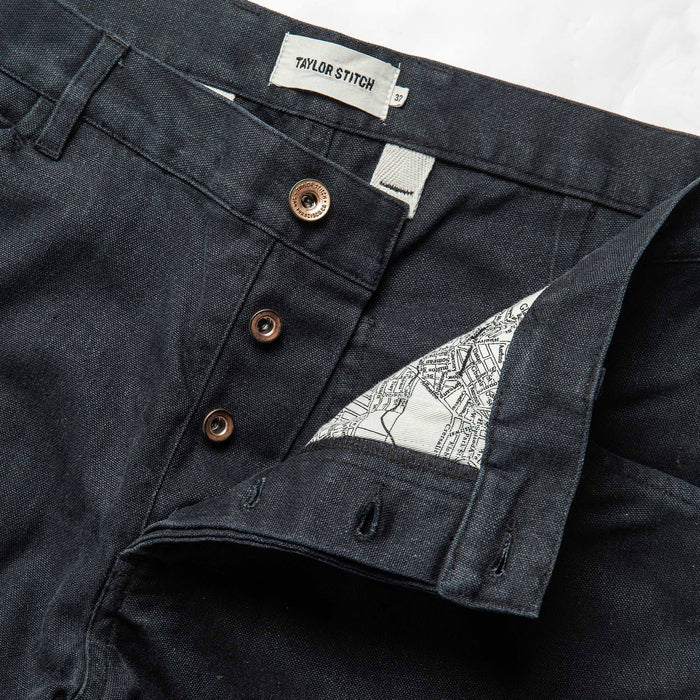 material shot of the button fly on The Chore Pant in Coal Boss Duck