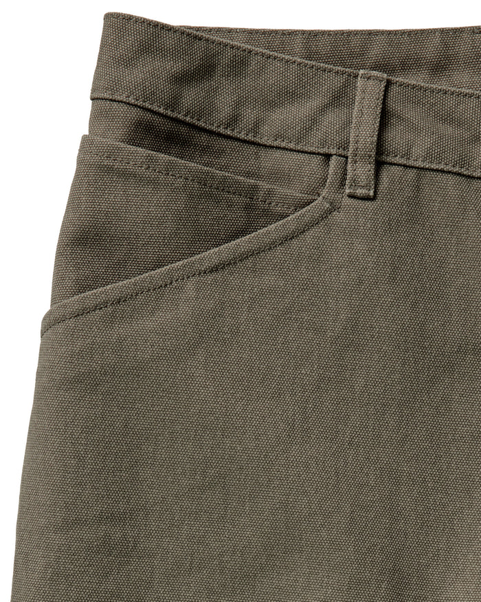 material shot of the waistband on The Chore Pant in Stone Chipped Canvas