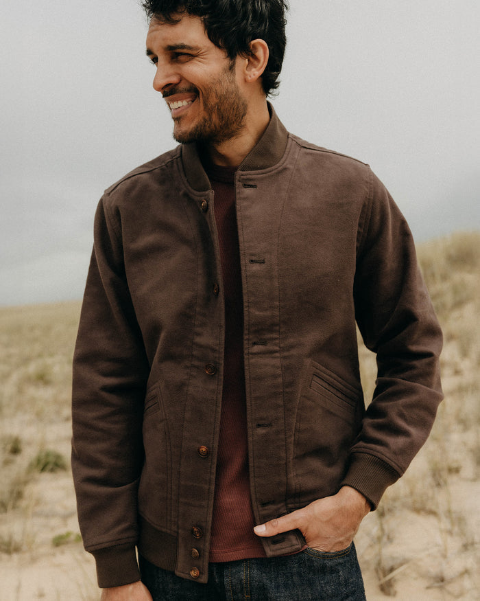 fit model posing in The Clark Bomber in Soil Moleskin