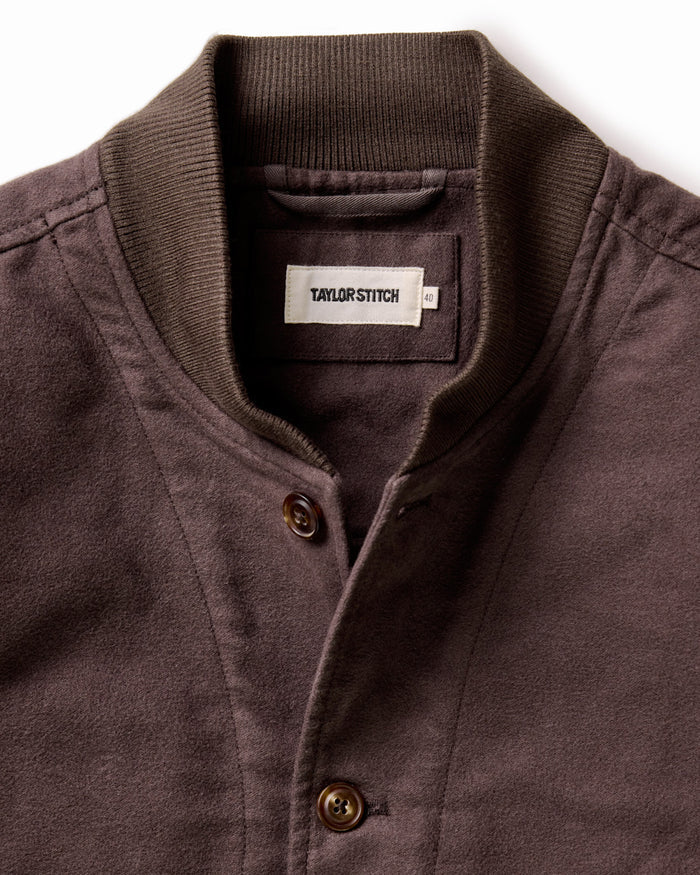 material shot of the collar on The Clark Bomber in Soil Moleskin