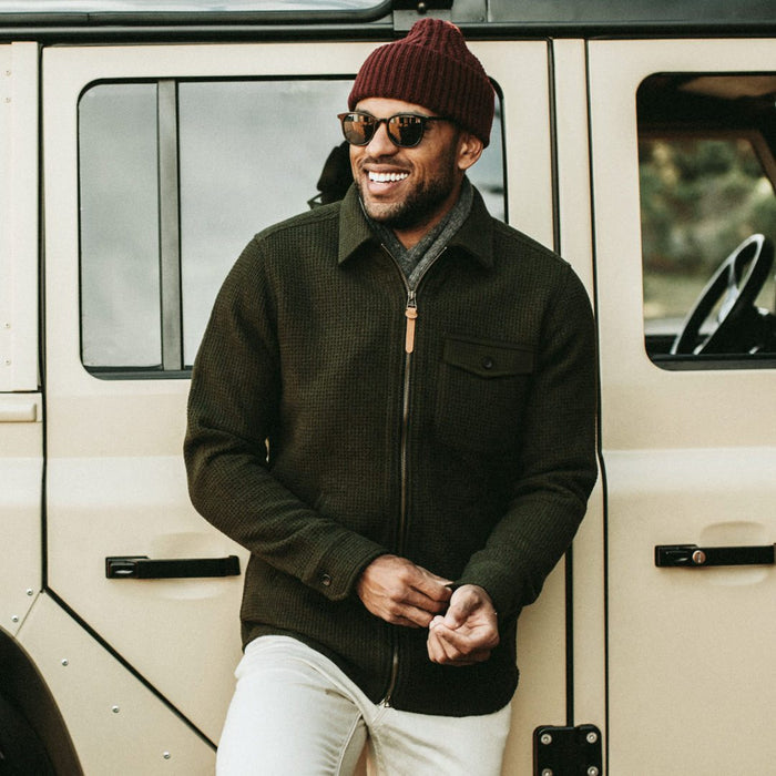 our fit model wearing the The Coit Jacket in Olive Waffle
