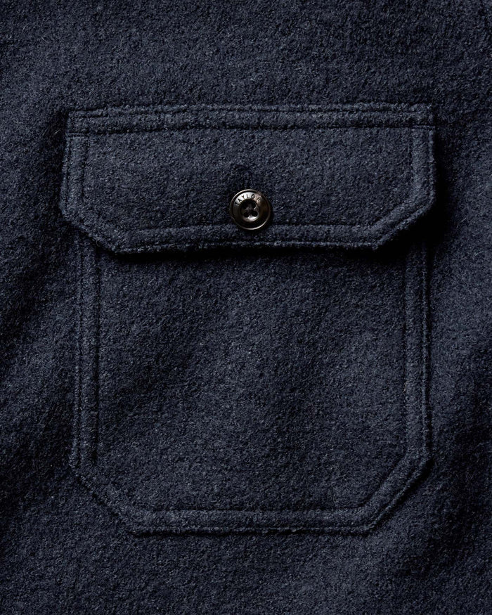 material shot of the collar on The Connor Overshirt in Dark Navy Boucle