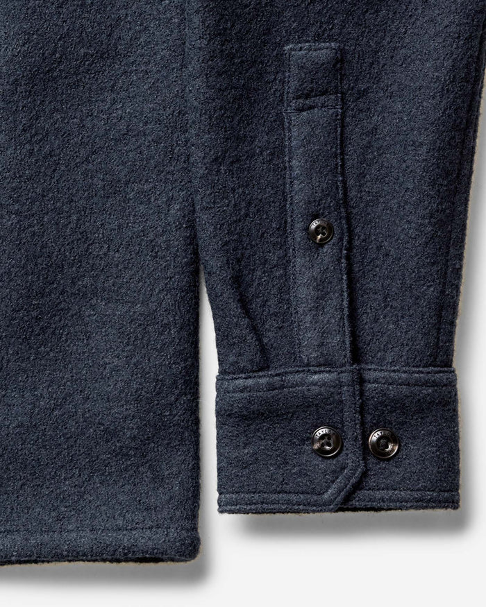 material shot of the buttons on The Connor Overshirt in Dark Navy Boucle