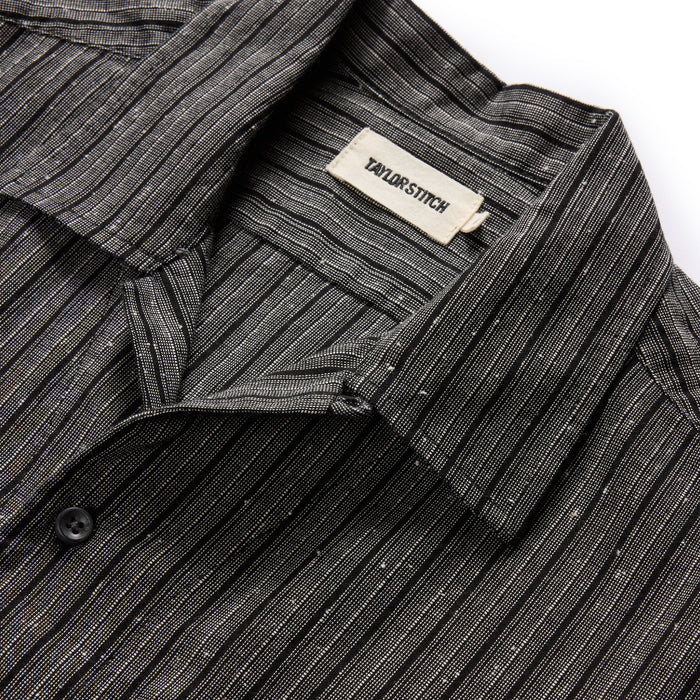 material shot of the camp collar on The Conrad in Black Indigo Slub Stripe