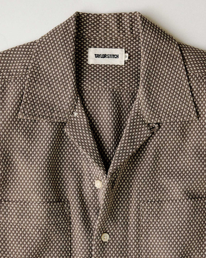 material shot of the collar on The Conrad Shirt in Cocoa Dobby