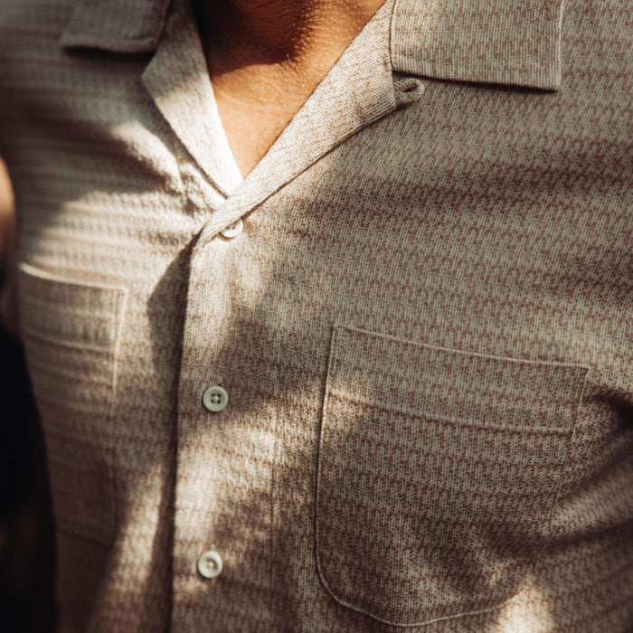 fit model showing the Jacquard texture on The Conrad in Sand Jacquard