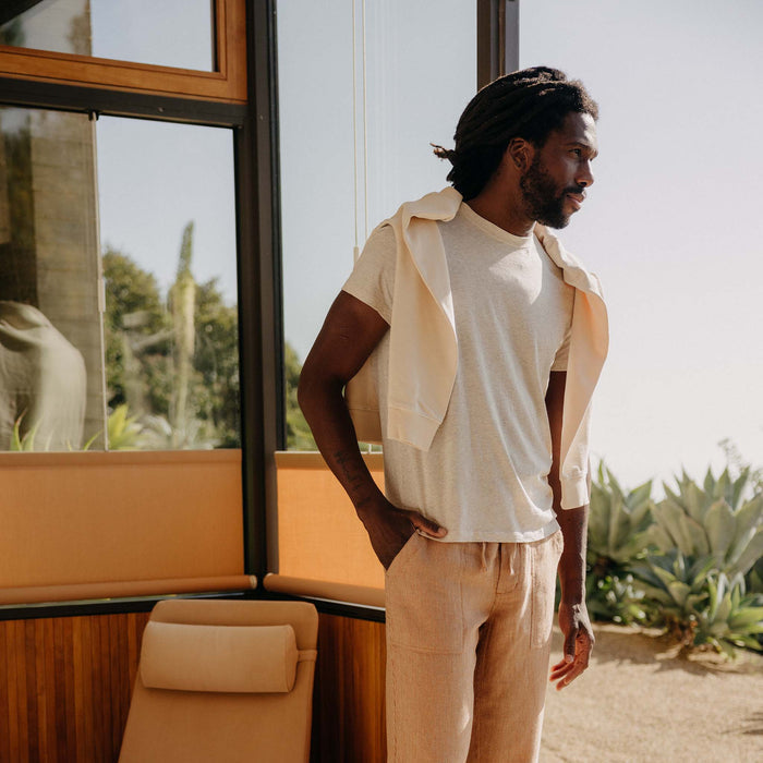 fi model with The Cotton Hemp Crew in Natural draped over his shoulders