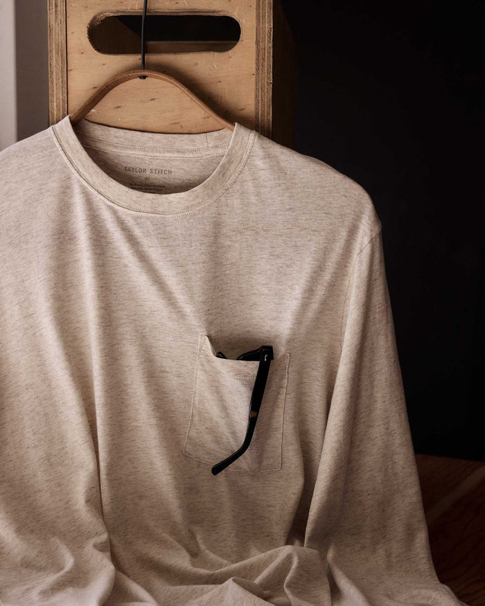 fit model in The Cotton Hemp Long Sleeve Tee in Heathered Oat