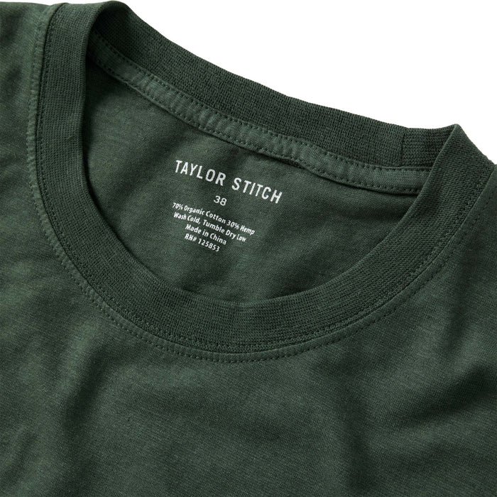 material shot of the collar on The Cotton Hemp Long Sleeve in Pine