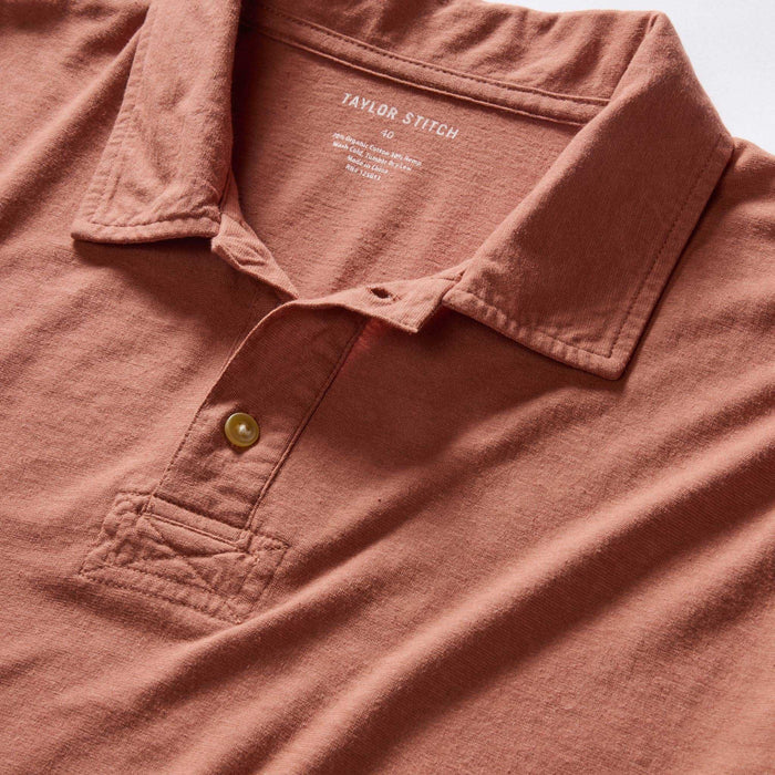 material shot of the collar on The Cotton Hemp Polo in Fired Clay