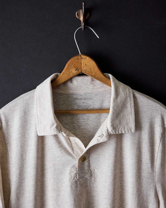 material shot of the collar on The Cotton Hemp Polo in Heather Oat