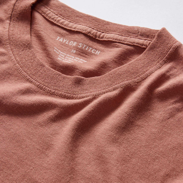 material shot of the collar on The Cotton Hemp Tee in Fired Clay