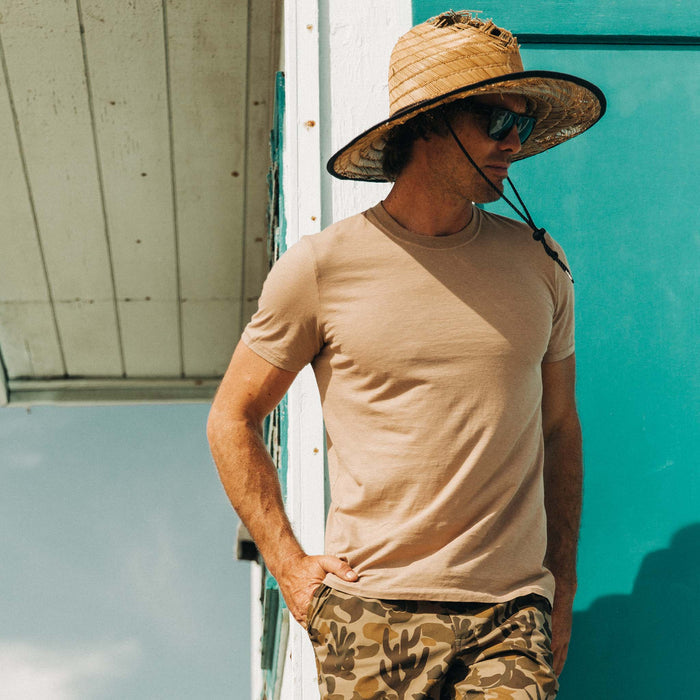 fit model standing in The Cotton Hemp Tee in Khaki