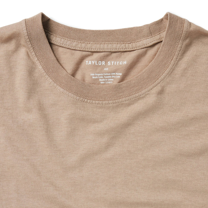 material shot of the collar of The Cotton Hemp Tee in Khaki