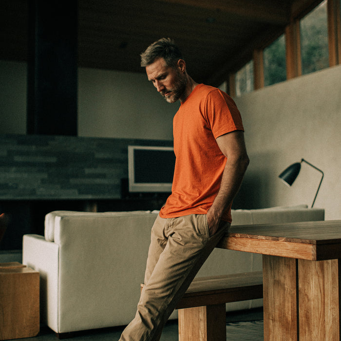 fit model posing in a house in The Cotton Hemp Tee in Monarch