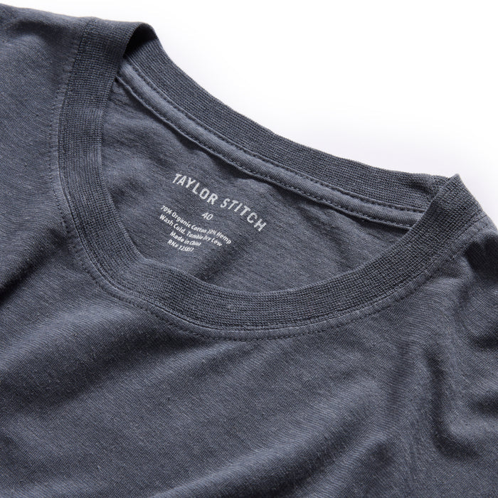 material shot of the neck opening on The Cotton Hemp Tee in Navy