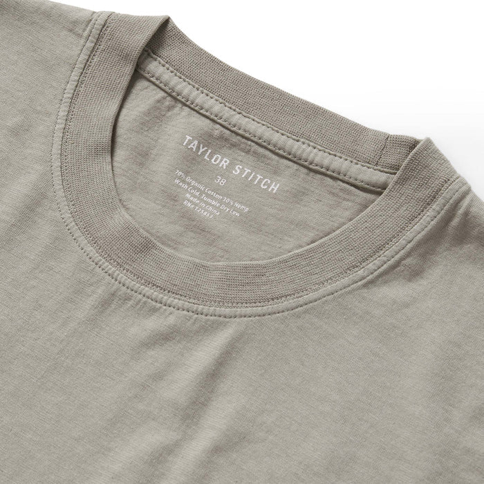 material shot of the collar on The Cotton Hemp Tee in Sagebrush