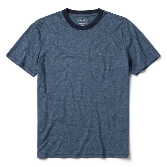 flatlay of The Cotton Hemp Tee in Slate and Navy Stripe