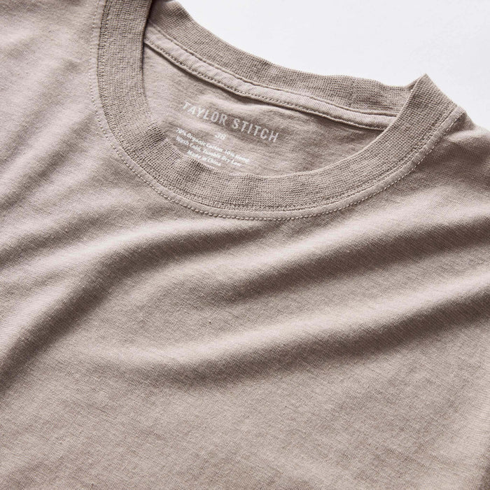 material shot of the collar on The Cotton Hemp Tee in Steeple Grey