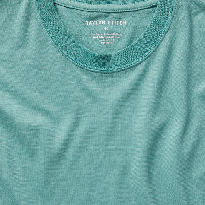 material shot of the collar on The Cotton Hemp Tee in Teal
