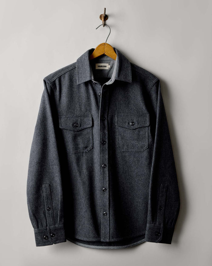 editorial image of The CPO Shirt in Heather Slate Twill hanging