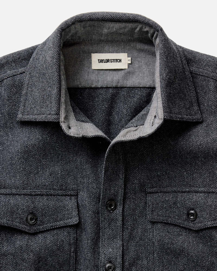 material shot of the collar on The CPO Shirt in Heather Slate Twill