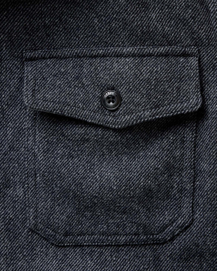 material shot of the pocket on The CPO Shirt in Heather Slate Twill