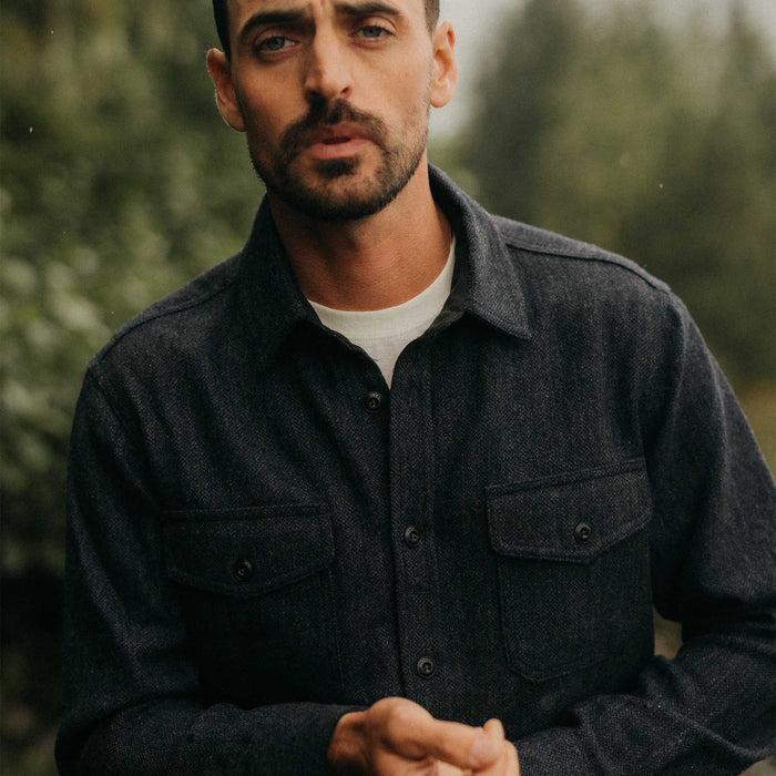 fit model posing in The CPO Shirt in Marine Tweed Wool