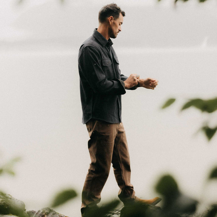 fit model walking wearing The CPO Shirt in Marine Tweed Wool