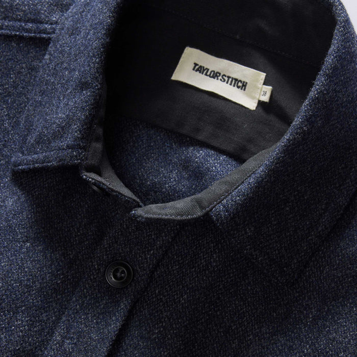 material shot of the collar on The CPO Shirt in Marine Tweed Wool