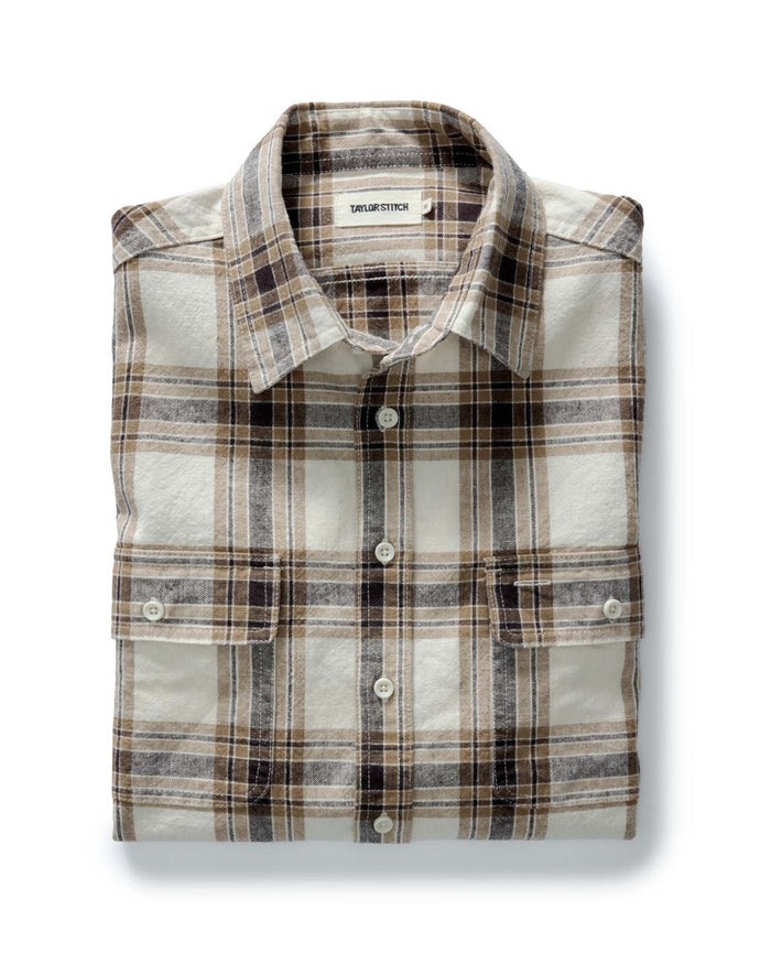 folded flatlay of The Craftsman Shirt in Bark Plaid Linen