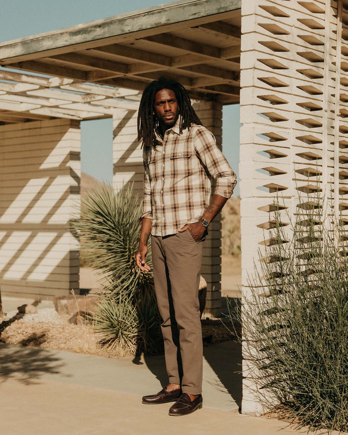 fit model showing off The Craftsman Shirt in Bark Plaid Linen