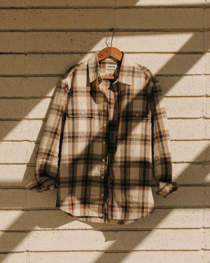 editorial image of The Craftsman Shirt in Bark Plaid Linen hanging